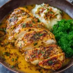 "Garlic Butter Chicken Recipe: Succulent chicken breasts cooked in a flavorful blend of garlic, butter, and herbs, served with a side of steamed vegetables."