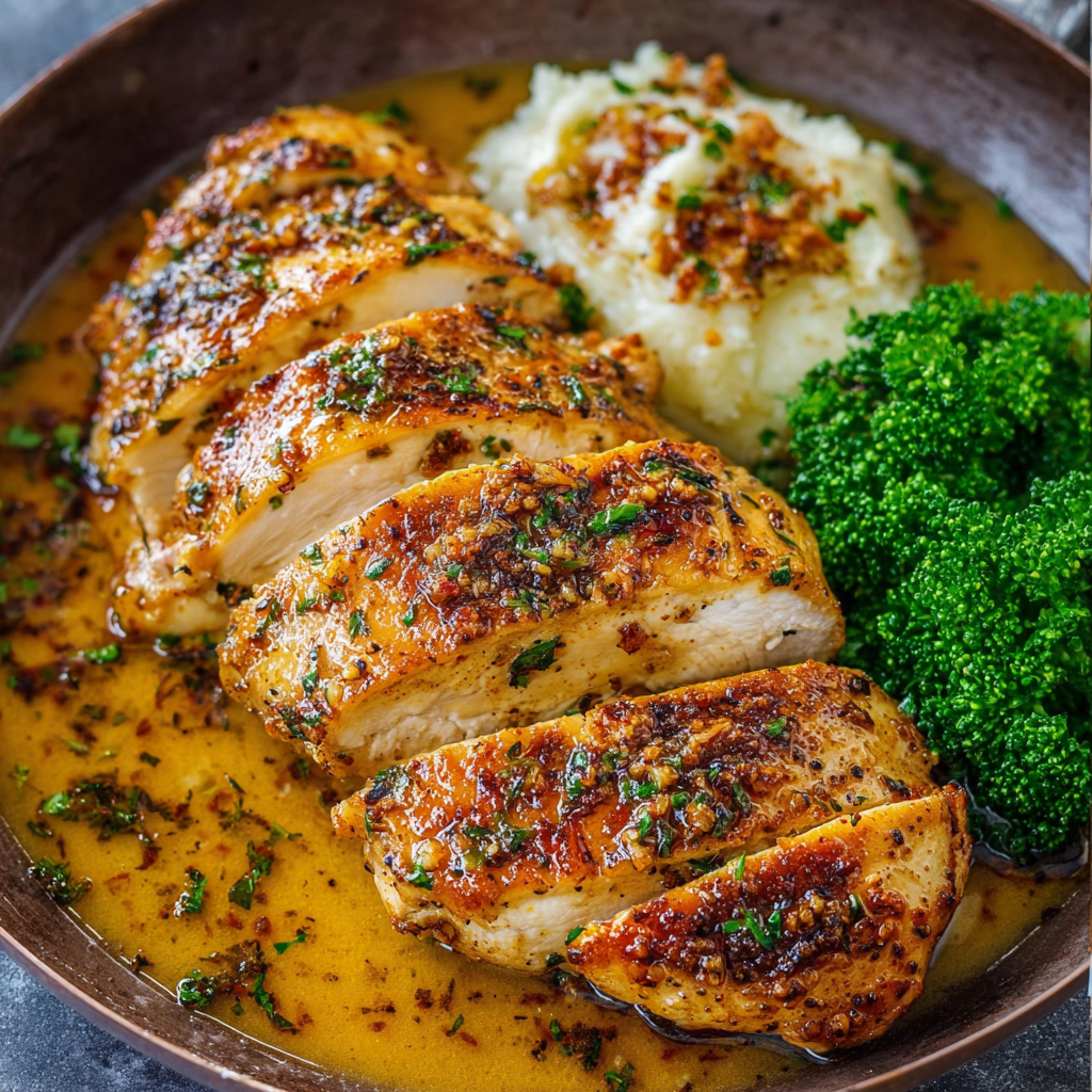 "Garlic Butter Chicken Recipe: Succulent chicken breasts cooked in a flavorful blend of garlic, butter, and herbs, served with a side of steamed vegetables."