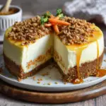Alt text: A beautifully plated Carrot Cake Cheesecake featuring layers of moist carrot cake and creamy cheesecake topped with a rich cream cheese frosting and garnished with chopped walnuts.
