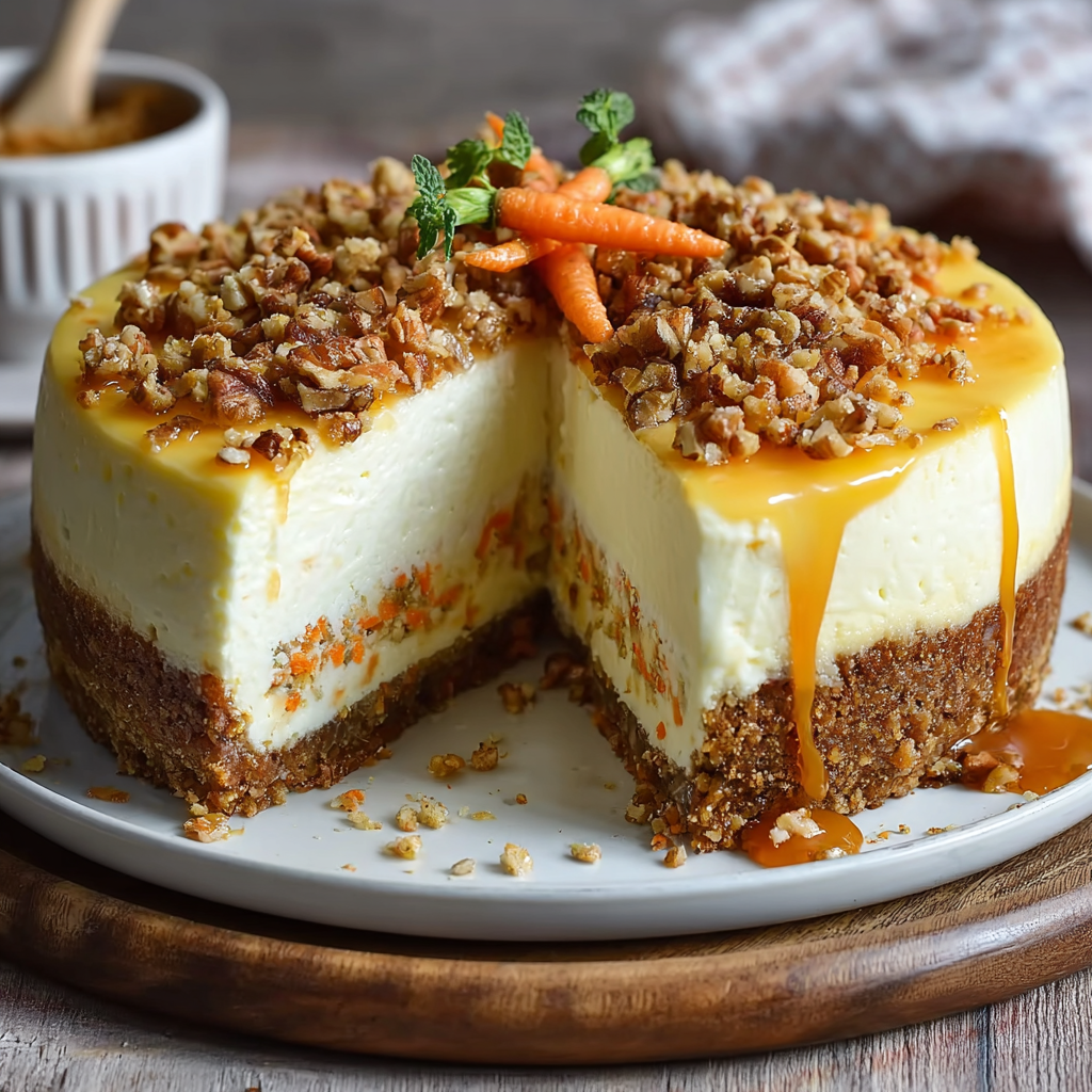 Alt text: A beautifully plated Carrot Cake Cheesecake featuring layers of moist carrot cake and creamy cheesecake topped with a rich cream cheese frosting and garnished with chopped walnuts.