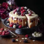 Alt text: "A deliciously moist White Chocolate Berry Cake topped with mixed berries and white chocolate shavings, perfect for a sweet treat as seen in this White Chocolate Berry Cake Recipe."