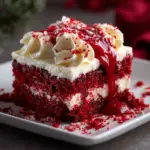 Alt text: A festive Christmas Red Velvet Poke Cake Recipe featuring a vibrant red velvet cake topped with creamy white frosting and holiday-themed sprinkles, served on a white plate with a fork alongside decorative Christmas ornaments.
