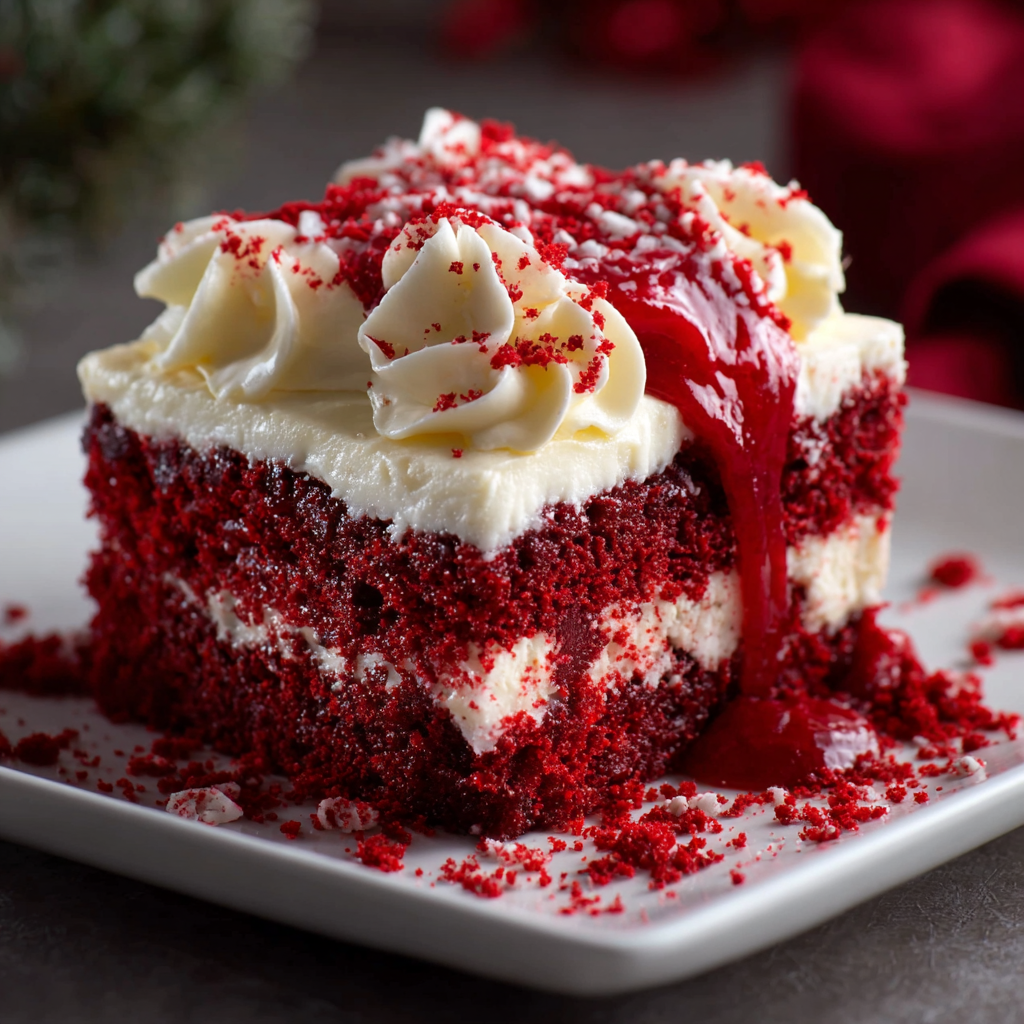 Alt text: A festive Christmas Red Velvet Poke Cake Recipe featuring a vibrant red velvet cake topped with creamy white frosting and holiday-themed sprinkles, served on a white plate with a fork alongside decorative Christmas ornaments.