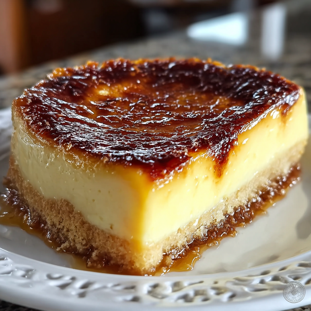 Alt text: "Crème Brûlée Cake Recipe featuring a layered dessert with rich custard, caramelized sugar topping, and golden sponge cake."