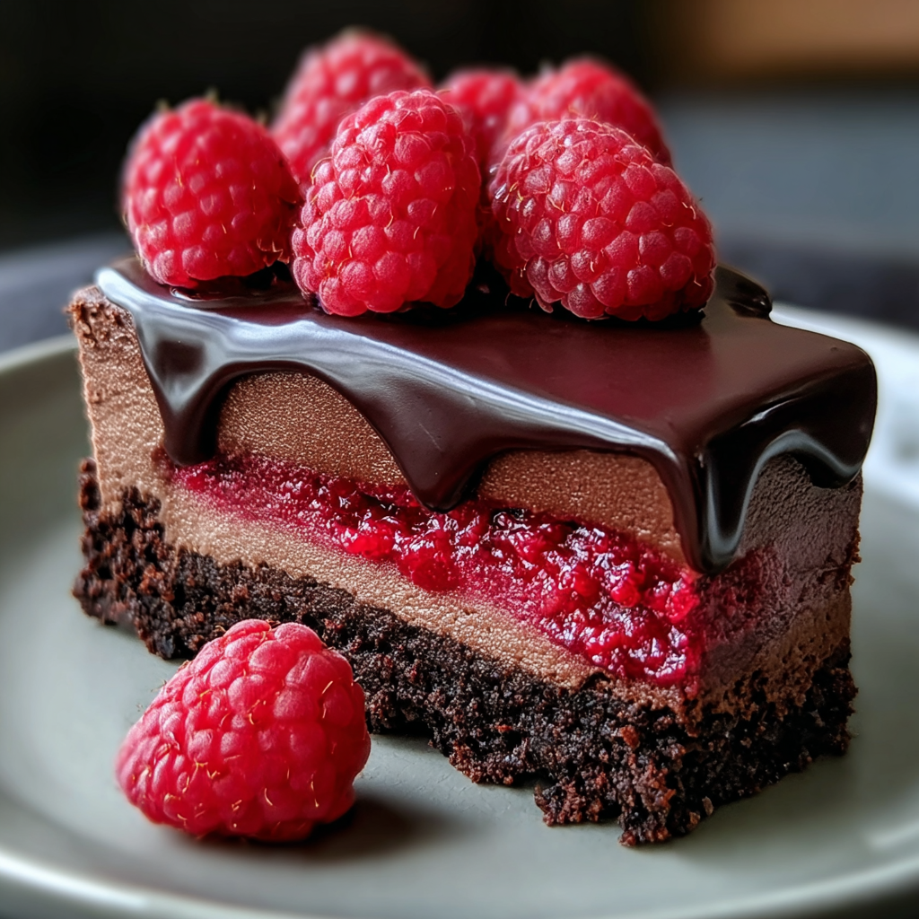 Alt text: A decadent slice of dark chocolate raspberry cheesecake topped with fresh raspberries and chocolate shavings, showcasing the rich layers of this dark chocolate raspberry cheesecake recipe.