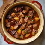 Alt text: "Classic beef stew recipe prepared in a Dutch oven with chunks of beef, carrots, potatoes, and peas simmering in a rich, savory broth on a rustic wooden table."