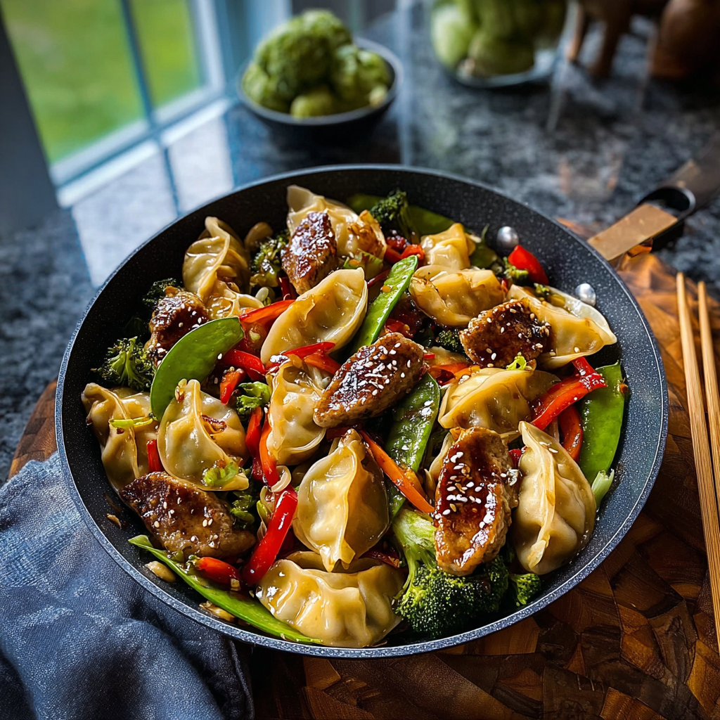 Alt text: "Colorful potsticker stir fry recipe with crispy potstickers, fresh vegetables, and savory sauce served in a large skillet."