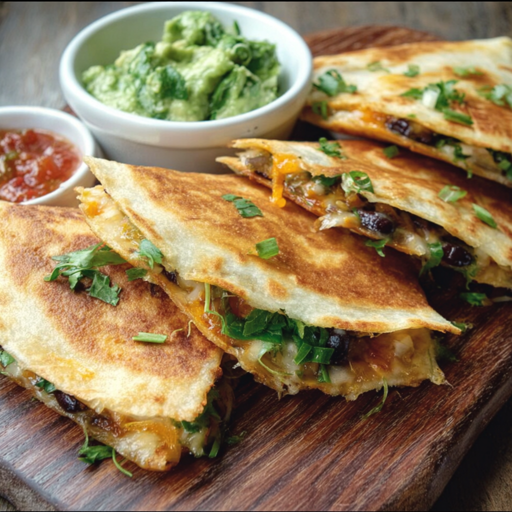 Alt text: A plate of colorful veggie quesadillas filled with sautéed bell peppers, onions, mushrooms, and melted cheese, garnished with fresh cilantro and served with salsa and guacamole, representing the best veggie quesadilla recipe.