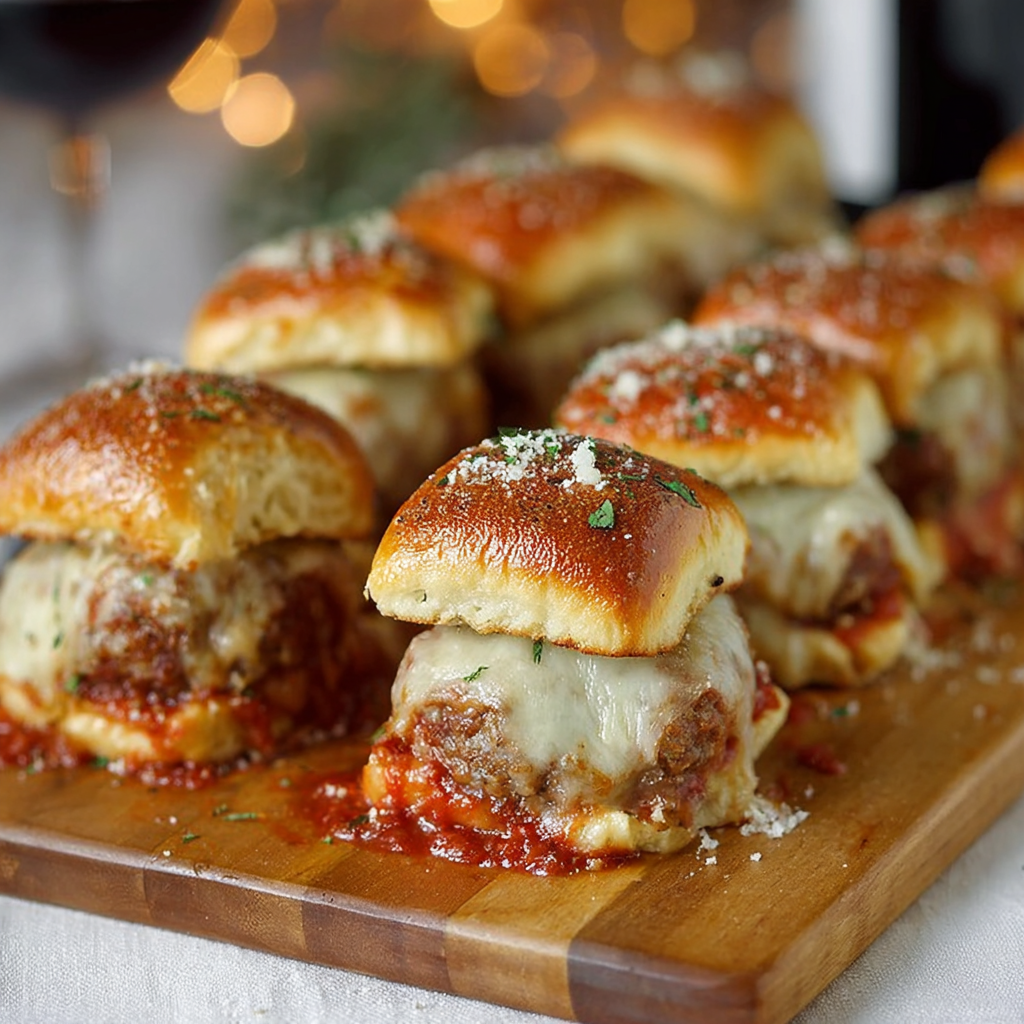 Alt text: "Delicious Mini Meatball Sliders Recipe showcasing miniature burgers with juicy meatballs, melted cheese, fresh lettuce, and sliced tomatoes nestled in soft slider buns, perfect for a quick and tasty meal."