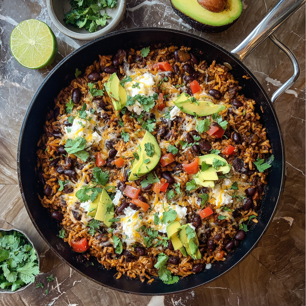 Alt text: "Colorful and hearty dish showcasing the Rice and bean skillet recipe, featuring a savory blend of fluffy rice, black beans, diced tomatoes, corn, and bell peppers garnished with fresh cilantro."