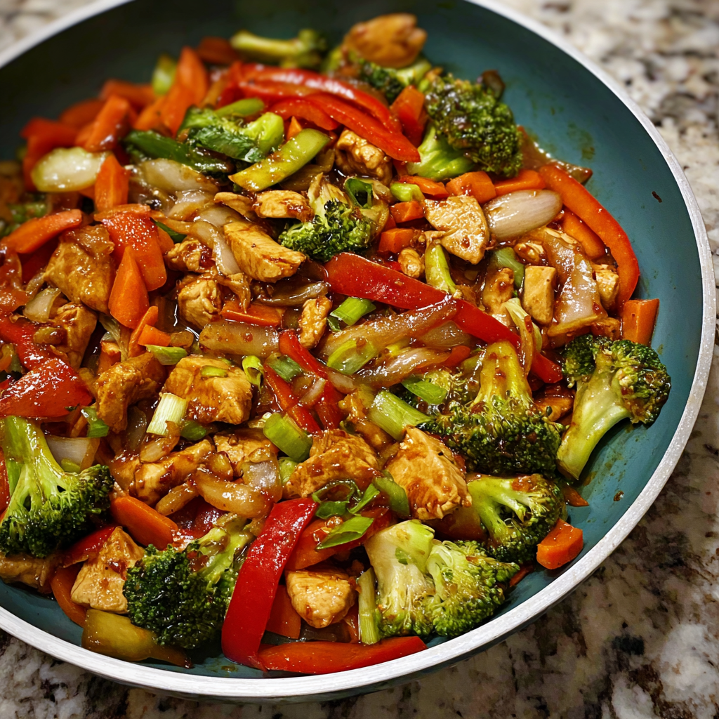 A colorful chicken vegetable stir fry recipe featuring tender chicken pieces, crisp bell peppers, bright broccoli florets, and vibrant carrots in a savory sauce, served over steamed white rice.