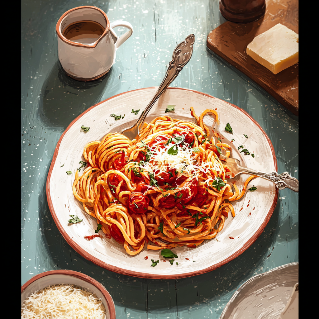Alt text: A plate of homemade pasta with tomato sauce garnished with fresh basil and grated Parmesan cheese on a wooden table.