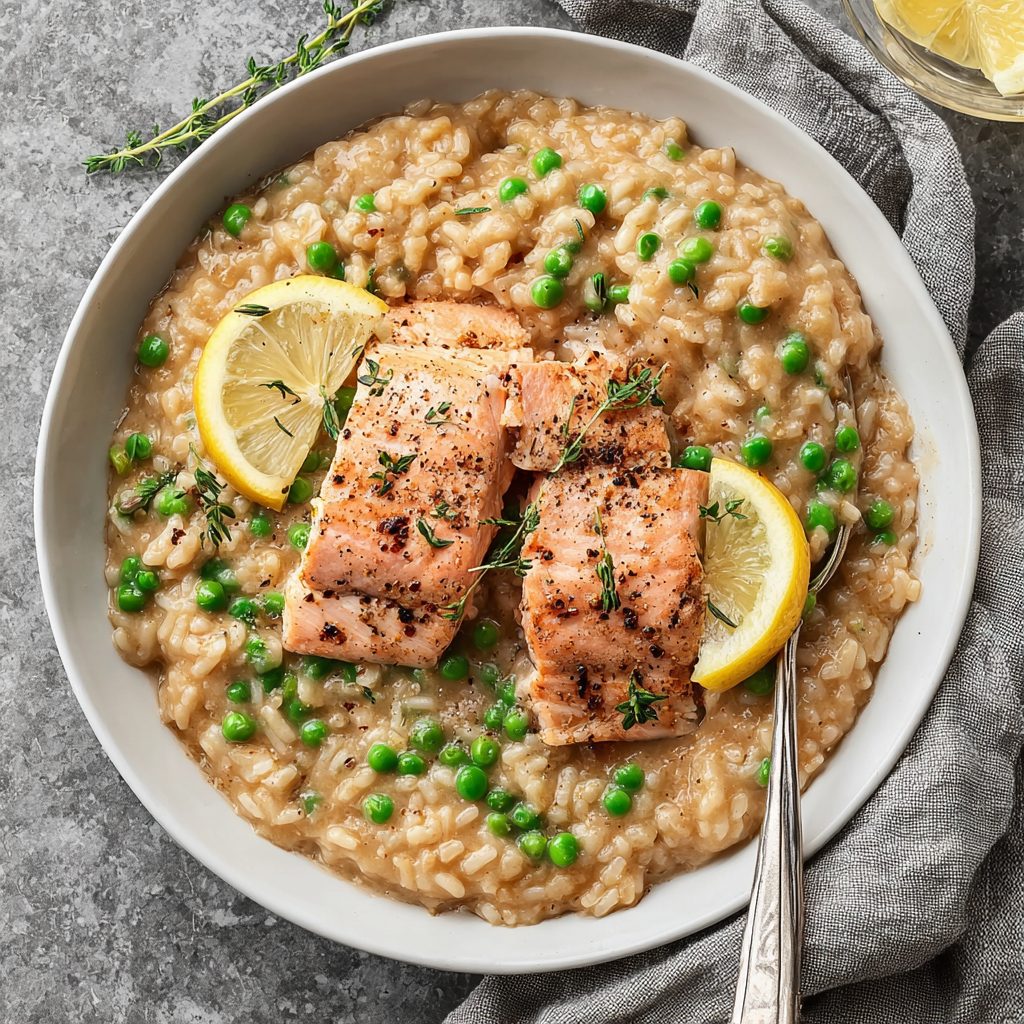 Creamy Mushroom Risotto Grilled Salmon