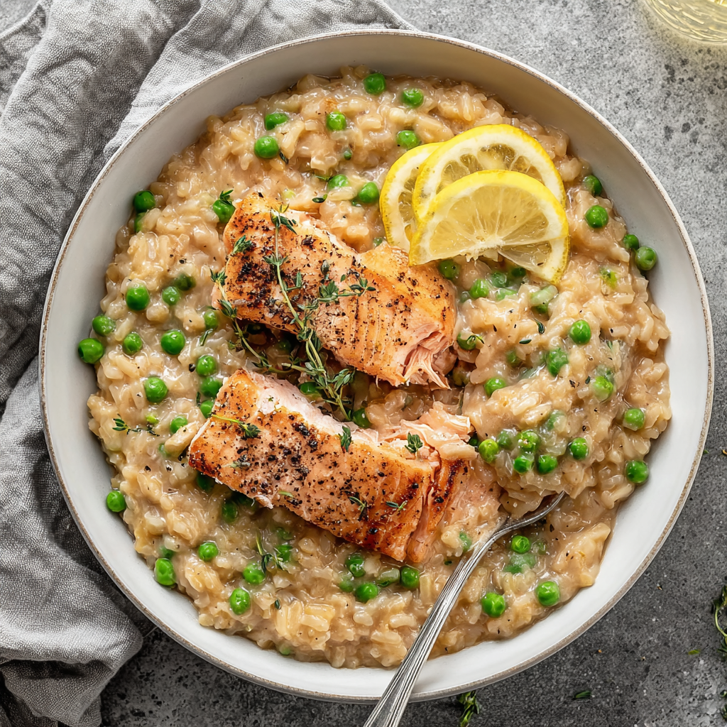 Creamy Mushroom Risotto Grilled Salmon