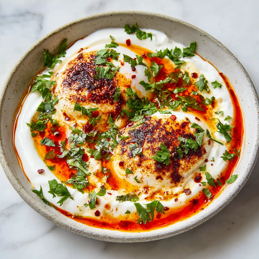 Turkish eggs with Aleppo chili butter and garlicky yogurt