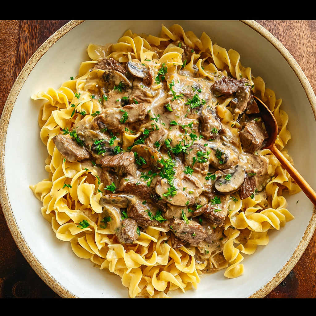 Alt text: A delicious beef stroganoff noodles recipe featuring tender strips of beef, creamy mushroom sauce, and egg noodles garnished with fresh parsley in a rustic bowl.
