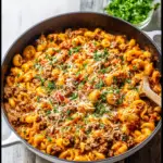 Alt text: "A One-Pot Cheesy Beef Pasta Recipe featuring tender pasta mixed with seasoned ground beef, melted cheddar cheese, and a rich tomato sauce, garnished with fresh parsley."