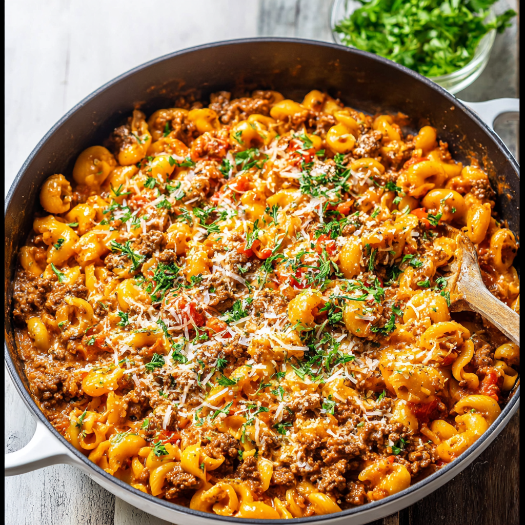 Alt text: "A One-Pot Cheesy Beef Pasta Recipe featuring tender pasta mixed with seasoned ground beef, melted cheddar cheese, and a rich tomato sauce, garnished with fresh parsley."