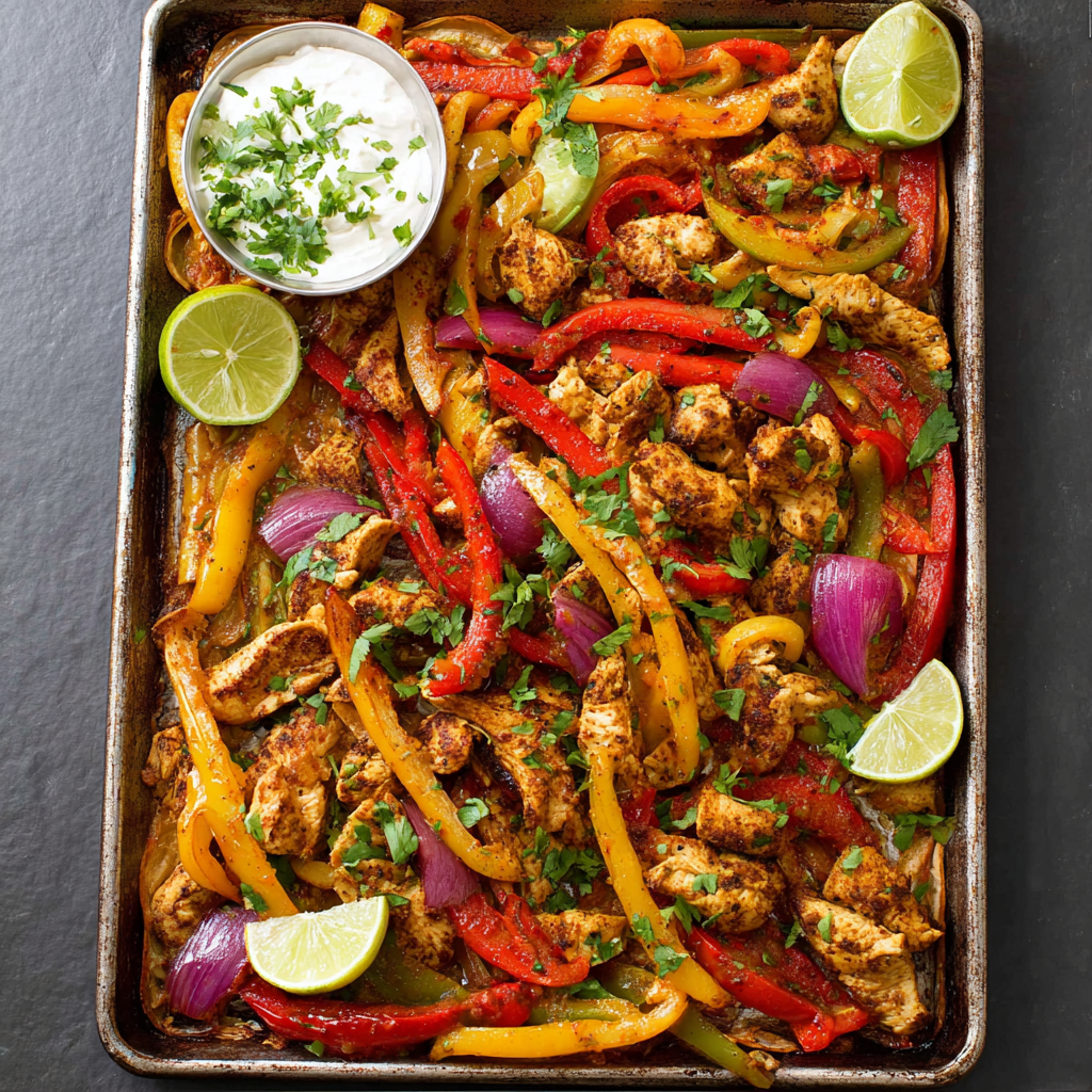 Alt text: "Colorful and savory chicken fajitas sheet pan recipe featuring tender strips of seasoned chicken, vibrant bell peppers, and onions, all roasted to perfection on a single sheet pan."