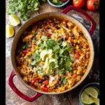 A top-down view of a one-pot chicken burrito bowl recipe featuring juicy chicken pieces, black beans, corn, diced tomatoes, and rice, garnished with fresh cilantro and lime wedges in a large skillet.