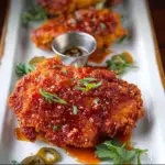 Alt text: A plate of crispy Nashville hot honey chicken, perfectly fried and drizzled with spicy honey glaze, garnished with pickles, showcasing the delicious results of a Nashville hot honey chicken recipe.