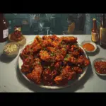 Alt text: A plate of crispy Korean Fried Chicken served with a side of pickled radish and garnished with sesame seeds, showcasing the delicious results of a popular Korean Fried Chicken Recipe.