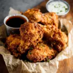 Alt text: A plate of golden brown fried chicken pieces garnished with fresh herbs, representing the best buttermilk fried chicken recipe, served alongside dipping sauces and a side of coleslaw.
