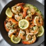 Alt text: A plate of garlic butter shrimp recipe featuring plump shrimp sautéed in garlic butter, garnished with freshly chopped parsley and lemon wedges.