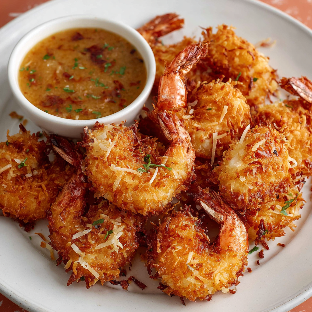 Alt text: A plate of golden-brown, crispy coconut shrimp paired with a tangy dipping sauce, showcasing a coconut shrimp recipe easy to follow for a delightful appetizer.