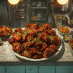 Alt text: "A delicious Korean fried chicken recipe featuring crispy, golden-brown chicken pieces garnished with green onions and sesame seeds on a black plate."