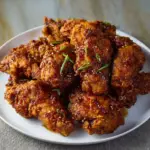 Alt text: A delicious serving of the best classic fried chicken recipe, featuring golden-brown, crispy chicken pieces seasoned to perfection and garnished with fresh herbs, served on a rustic wooden platter.
