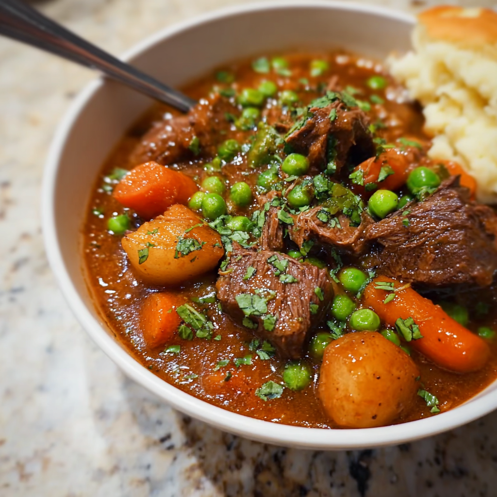 Alt text: A hearty bowl of beef stew filled with tender chunks of beef, potatoes, carrots, and peas in a rich broth, showcasing the best slow cooker beef stew recipe.