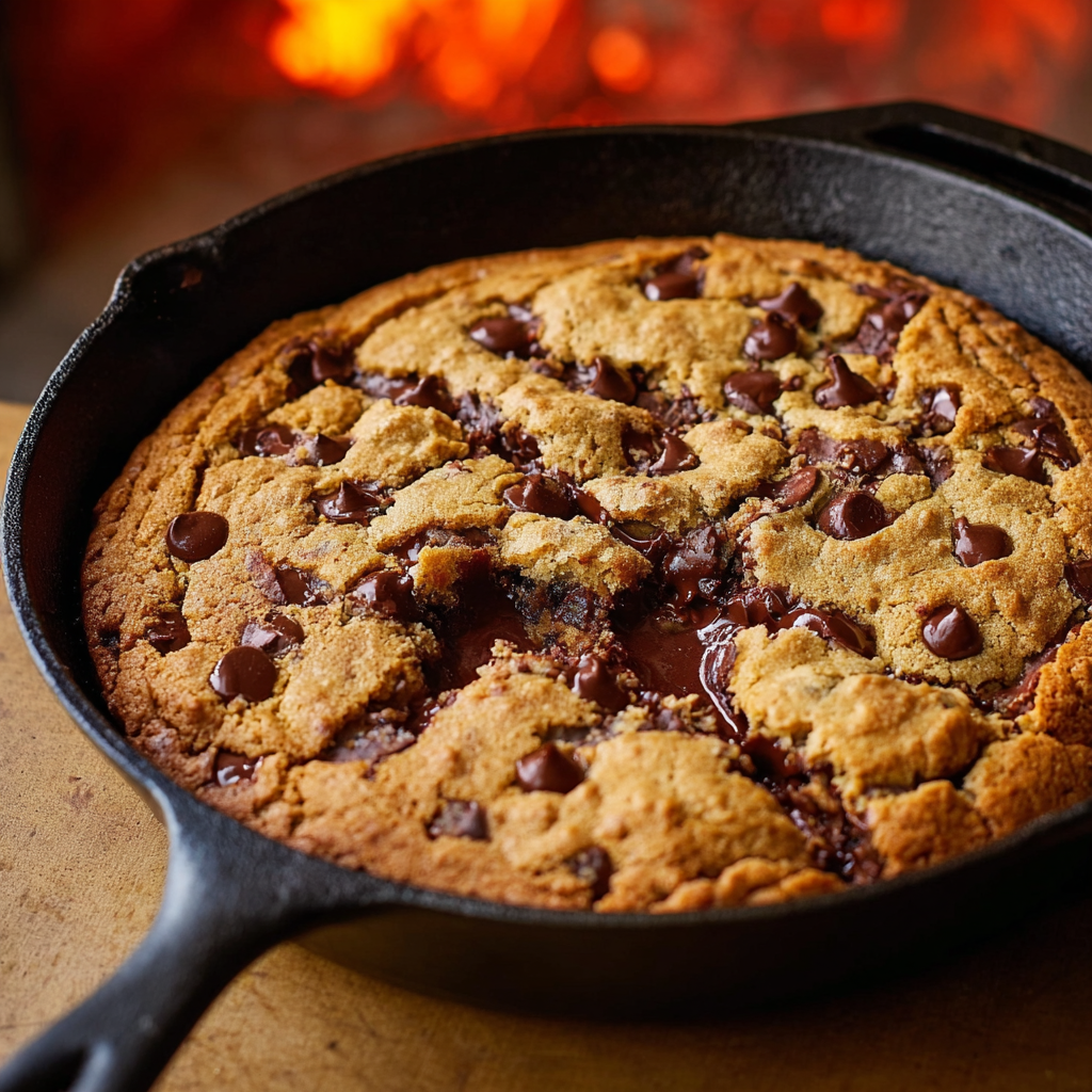 Alt text: A warm skillet chocolate chip cookie recipe displayed in a cast iron skillet, surrounded by scattered chocolate chips and a glass of milk, ready to serve.