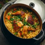 Alt text: A hearty Dutch oven chicken and rice recipe featuring tender chicken pieces, fluffy rice, and vibrant vegetables all cooked together in a single pot.