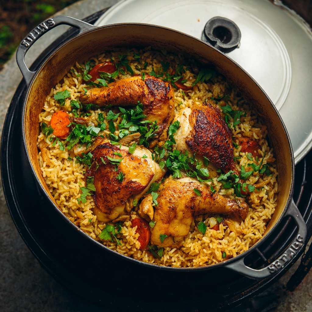 Alt text: A hearty Dutch oven chicken and rice recipe featuring tender chicken pieces, fluffy rice, and vibrant vegetables all cooked together in a single pot.