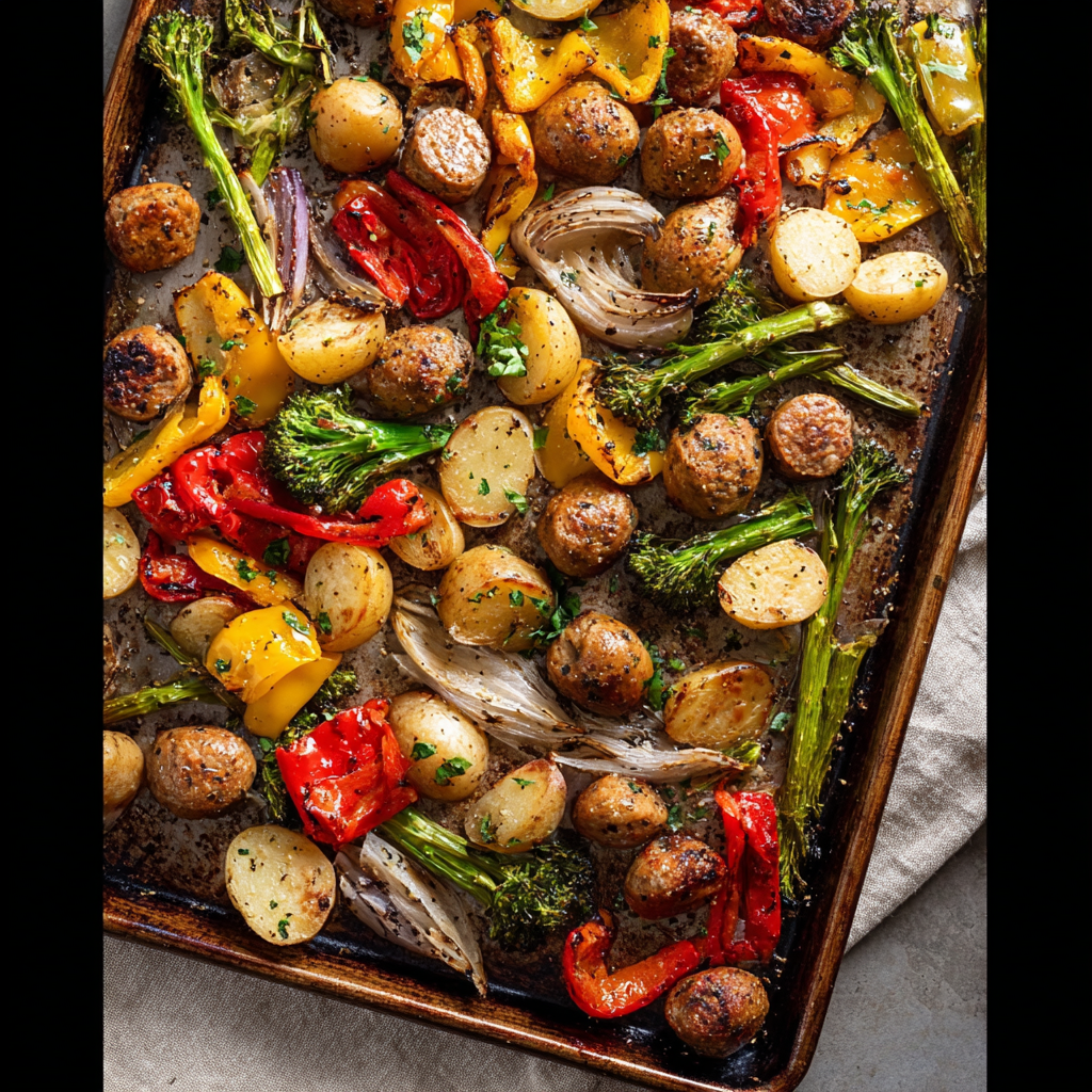 Alt text: "A colorful and delicious Italian chicken sausage and vegetables recipe featuring roasted chicken sausages, bell peppers, zucchini, and cherry tomatoes on a sheet pan."