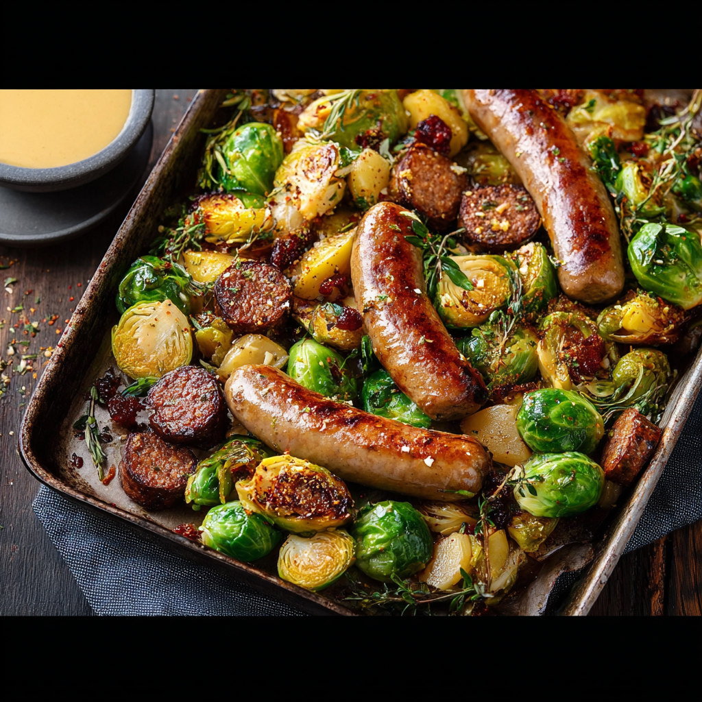 Alt text: "A delicious Honey Mustard Chicken Sausage Recipe featuring grilled chicken sausages drizzled with honey mustard sauce, served alongside roasted Brussels sprouts on a rustic wooden table."