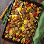 Alt text: "Turkey sausage potato breakfast recipe featuring roasted turkey sausages, golden potatoes, red bell peppers, and onions on a sheet pan garnished with fresh parsley."