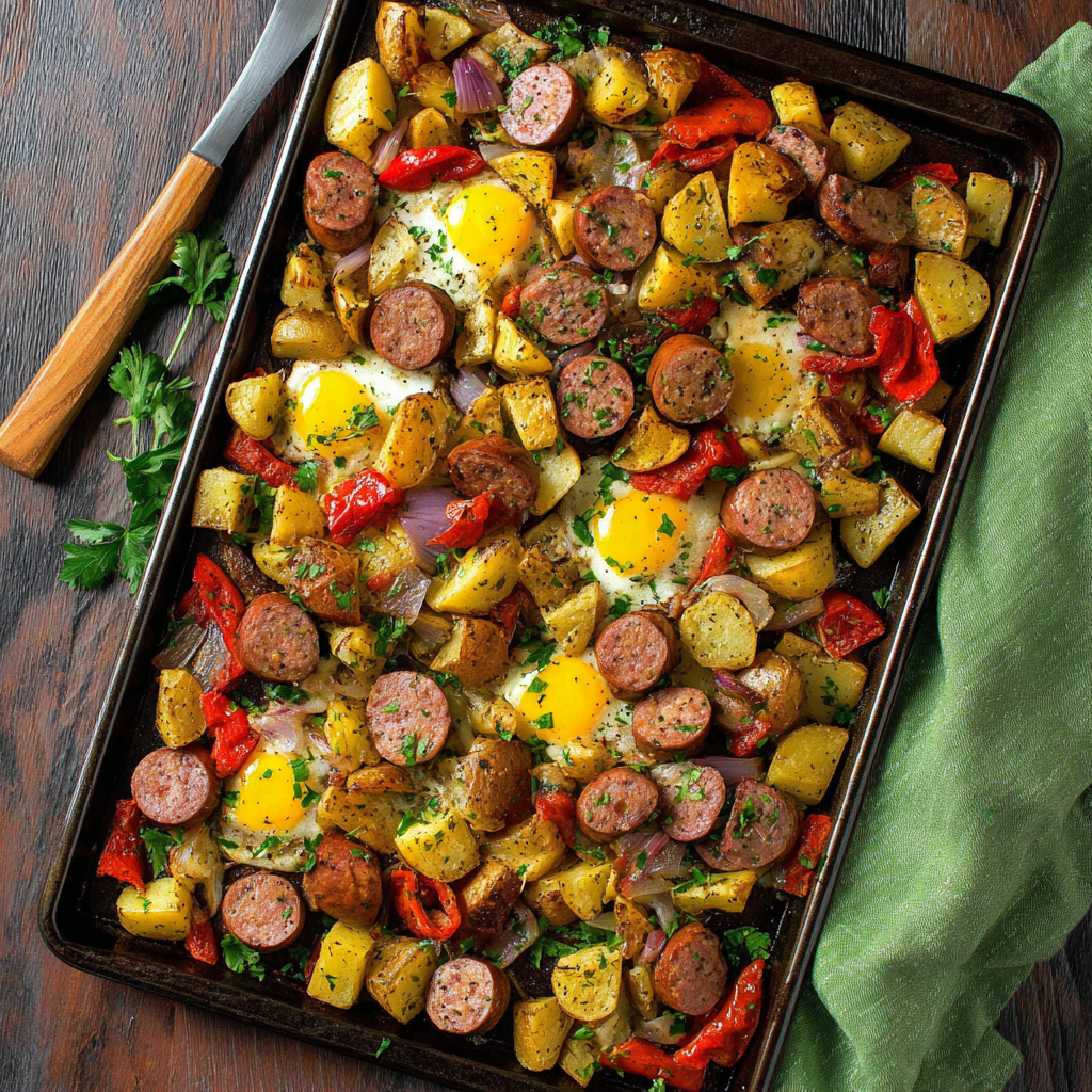 Alt text: "Turkey sausage potato breakfast recipe featuring roasted turkey sausages, golden potatoes, red bell peppers, and onions on a sheet pan garnished with fresh parsley."