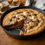 Alt text: A freshly baked cast iron skillet cookie with golden brown edges and gooey chocolate chip center, served warm with a scoop of vanilla ice cream on top.