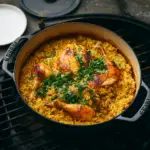 Alt text: "A delicious one-pot Dutch oven chicken and rice recipe featuring tender chicken pieces, fluffy rice, and vibrant vegetables cooked together in a large, rustic Dutch oven."