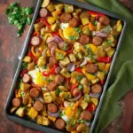 Alt text: A delicious turkey sausage potato breakfast recipe featuring roasted turkey sausage, golden-brown potatoes, sliced bell peppers, and onions on a sheet pan, garnished with fresh herbs.
