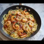 Image depicting a delectable Garlic Butter Shrimp Pasta Recipe, featuring succulent shrimp sautéed in a rich garlic butter sauce, tossed with al dente pasta and garnished with fresh parsley and parmesan cheese.