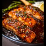 Alt text: A delicious honey garlic salmon recipe featuring perfectly seared salmon fillets drizzled with a sticky, sweet, and savory glaze made from honey and garlic, garnished with fresh parsley and lemon slices.