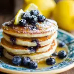 Alt text: A stack of fluffy blueberry lemon pancakes topped with fresh blueberries and a lemon slice, showcasing the blueberry lemon pancake recipe with a syrup drizzle and a sprig of mint for garnish.