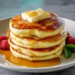 Alt text: A stack of fluffy buttermilk pancakes topped with fresh berries and syrup, showcasing a delicious homemade buttermilk pancakes recipe.