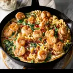 Alt text: "A delicious Tuscan shrimp pasta recipe featuring creamy sauce, succulent shrimp, sun-dried tomatoes, and spinach served over fettuccine on a rustic ceramic plate."