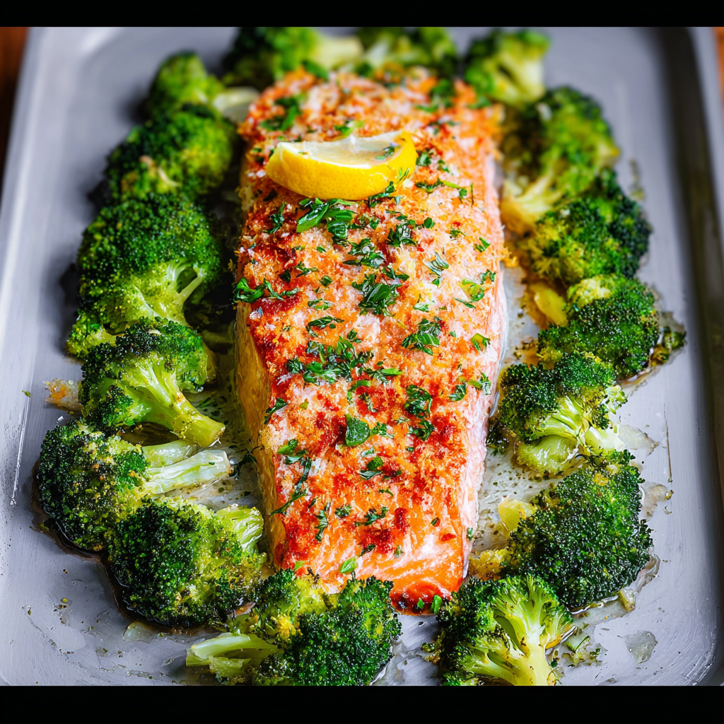 Alt text: A beautifully plated baked salmon and broccoli recipe featuring a succulent piece of baked salmon topped with lemon slices, served alongside vibrant, steamed broccoli florets on a white ceramic dish.
