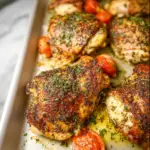 A tantalizing Italian herb baked chicken recipe featuring golden-brown chicken breasts seasoned with a blend of fragrant Italian herbs, garnished with fresh rosemary, and served alongside roasted cherry tomatoes and asparagus.