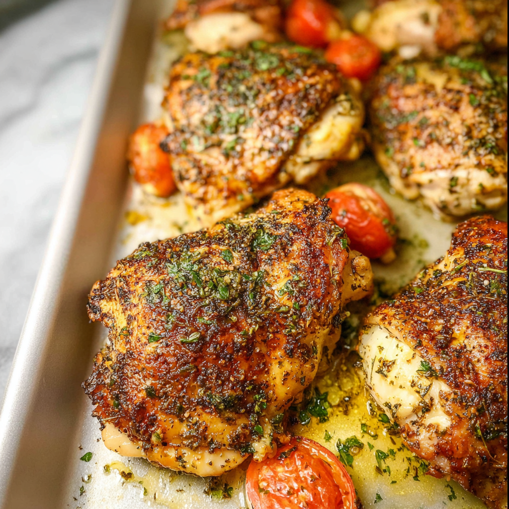 A tantalizing Italian herb baked chicken recipe featuring golden-brown chicken breasts seasoned with a blend of fragrant Italian herbs, garnished with fresh rosemary, and served alongside roasted cherry tomatoes and asparagus.